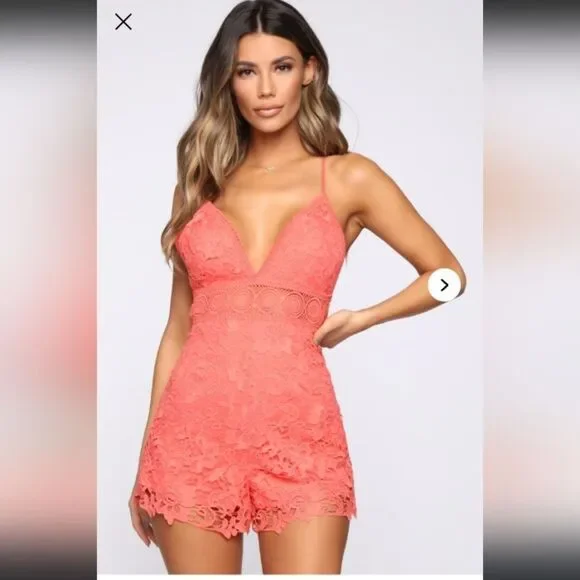 Fashion Nova Vibrant Coral (Orange/Pink) Lace Romper Size Large - Picture 1 of 8